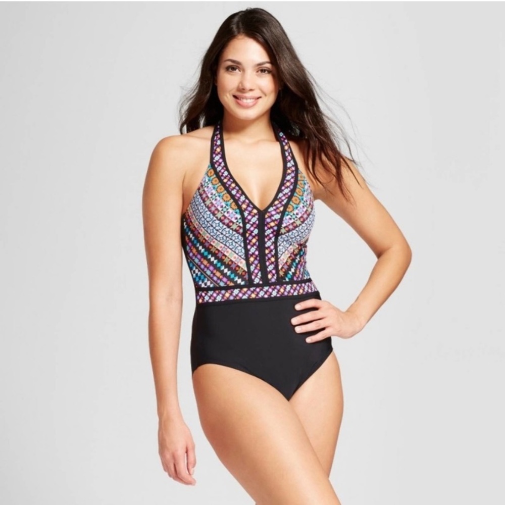 Aqua Green One Piece Halter Tie Geometric Black Blue Swimsuit Size Medium